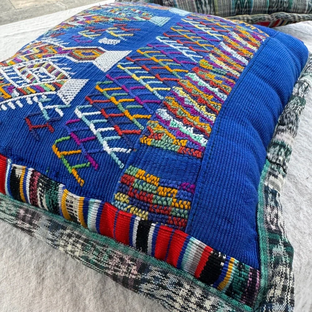 Vintage Guatemalan Maya Textile Pillows 2pc set Blue Hand Embroidered Huipil 17